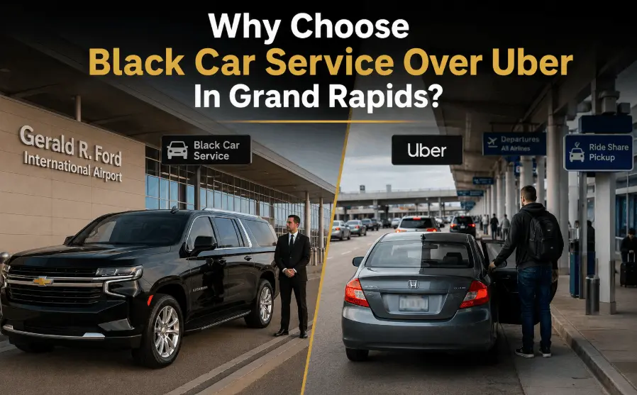 Black car service vs Uber at Gerald R. Ford International Airport in Grand Rapids, MI with luxury Chevy Suburban airport transportation.