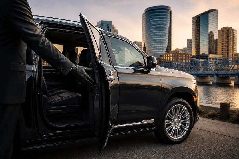 Luxury black SUV chauffeur service in Grand Rapids with professional driver opening rear door at sunset by downtown skyline and riverfront