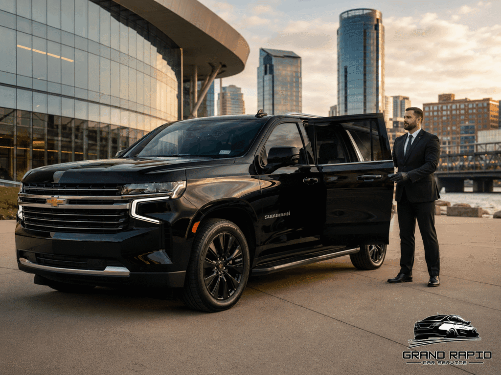 Grand Rapid Car Service black SUV with chauffeur in downtown Grand Rapids