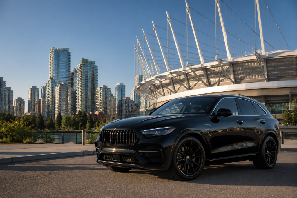 Luxury SUV with stadium and skyline