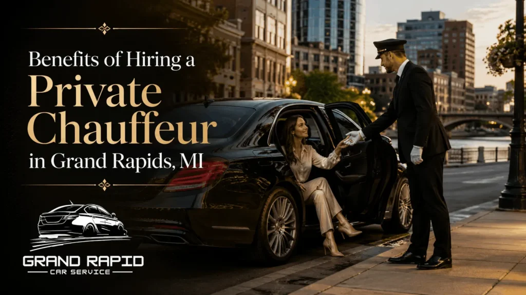 Private chauffeur opening a luxury car door for a passenger in Grand Rapids, MI (1)