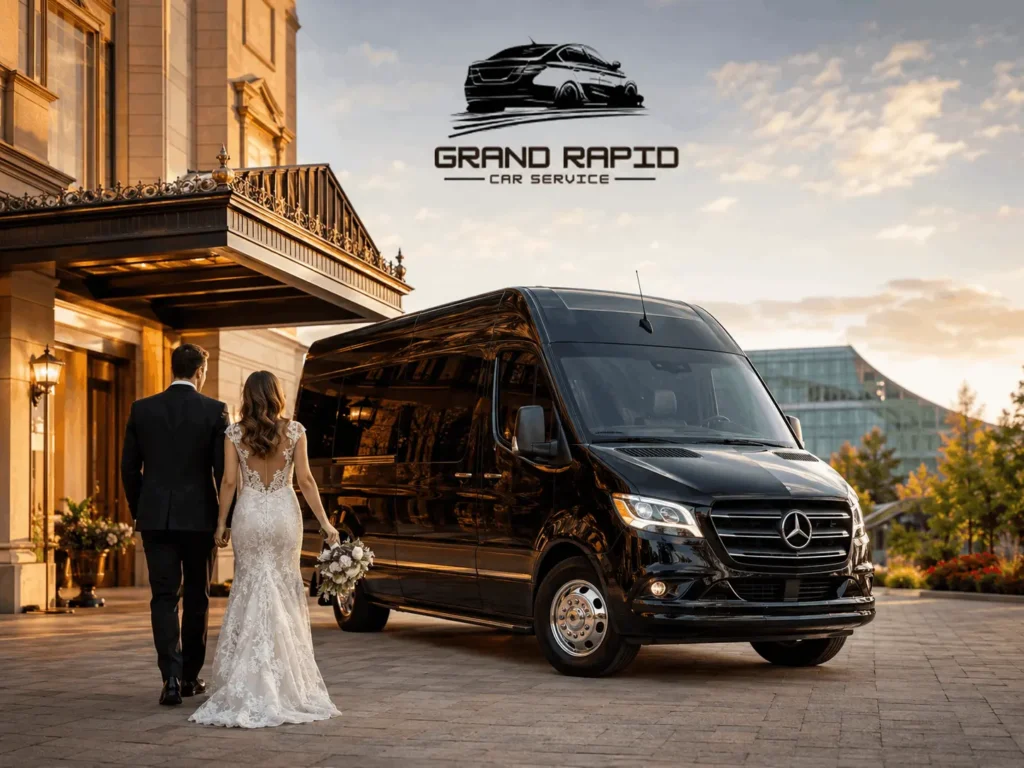 Wedding limo service in Grand Rapids with luxury black Sprinter at venue