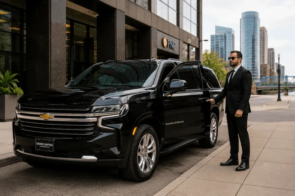 Black Chevy Suburban with chauffeur outside downtown Grand Rapids office